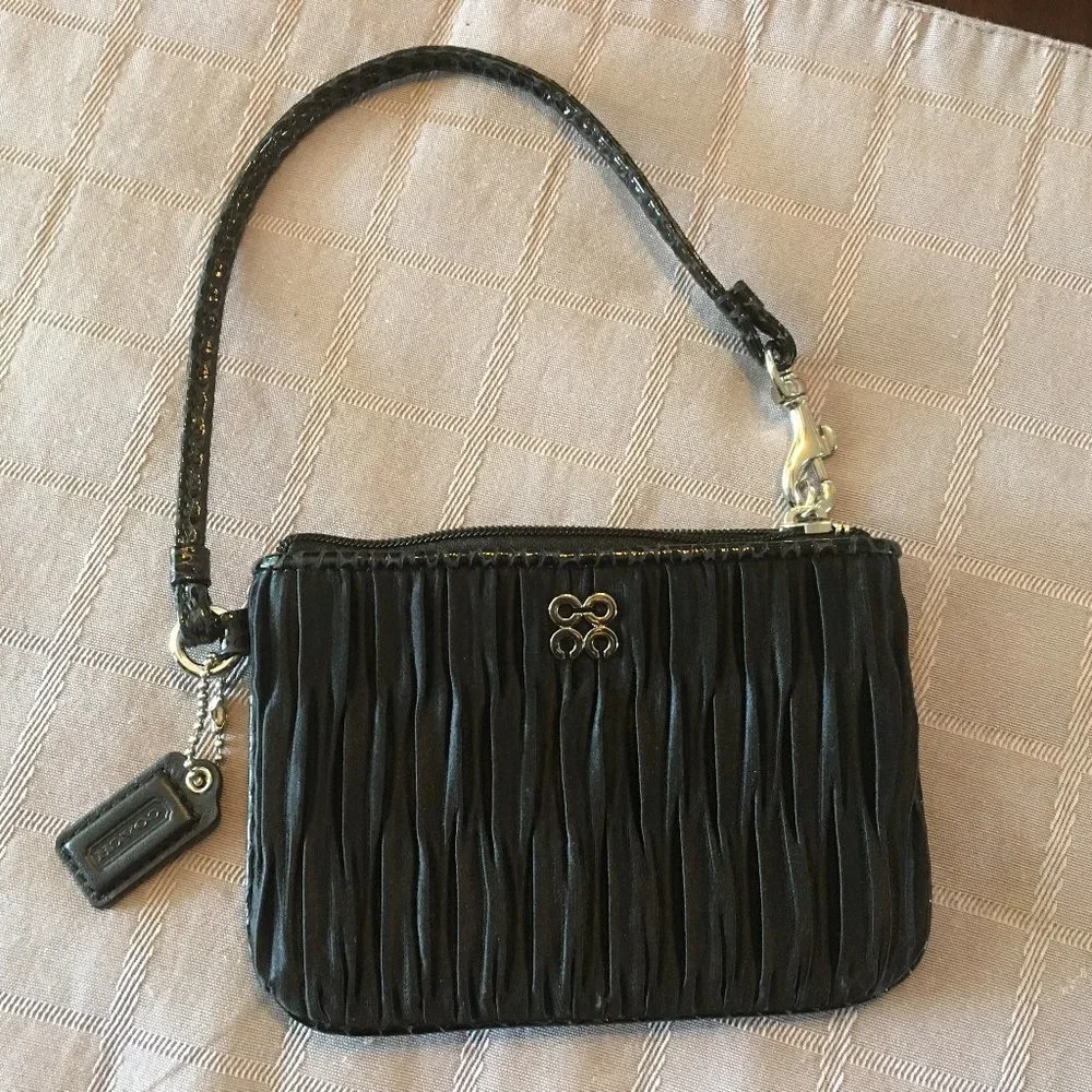 Coach Vintage Black Ruched Sateen Zip Wristlet with Patent Leather Trim